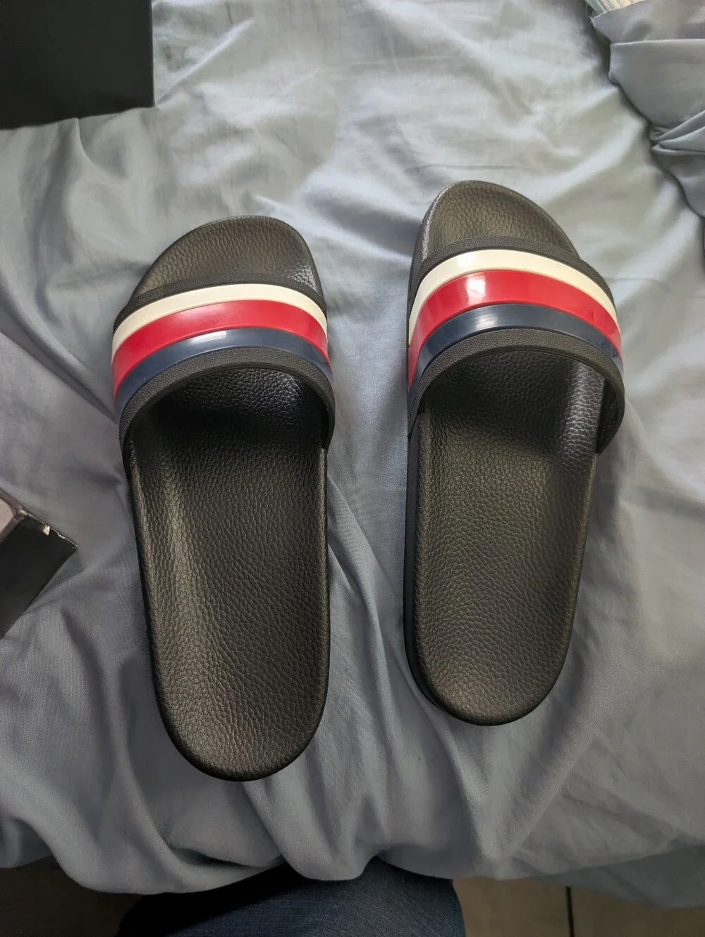 Gucci Men’s Black Slide Sandals with Red White And Blue Stripe